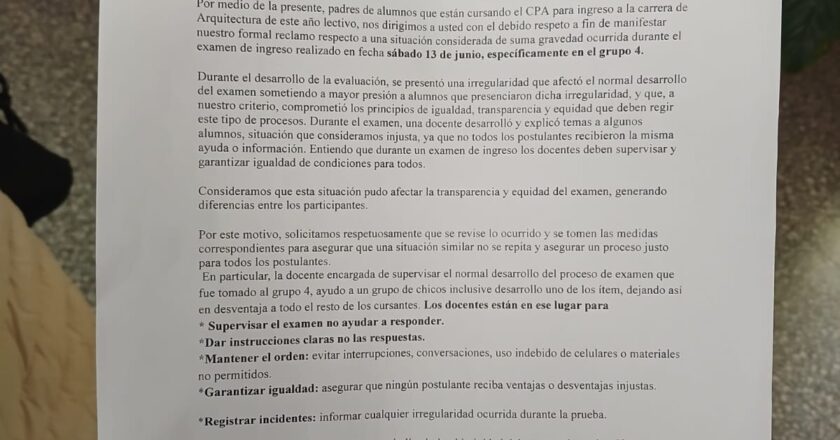 Padres denuncian presuntas irregularidades en examen de ingreso de FADA-UNA