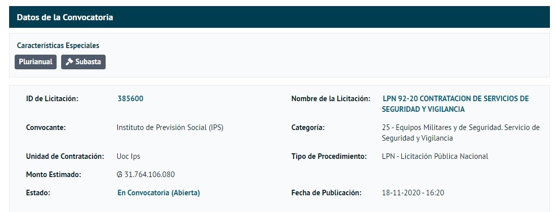 La nueva licitación del IPS publicada en el portal de la DNCP.