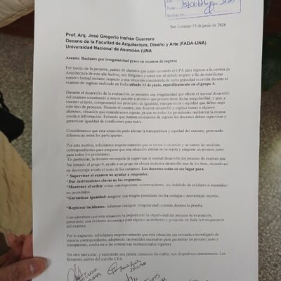 Padres denuncian presuntas irregularidades en examen de ingreso de FADA-UNA