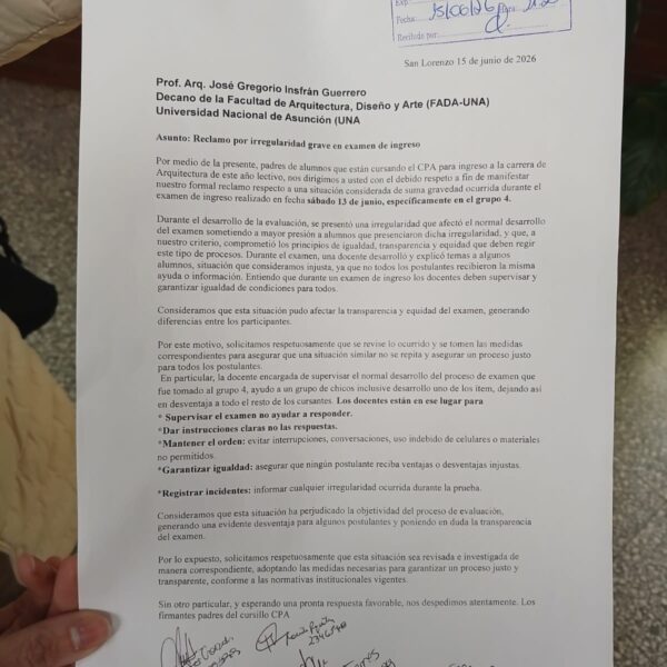 Padres denuncian presuntas irregularidades en examen de ingreso de FADA-UNA